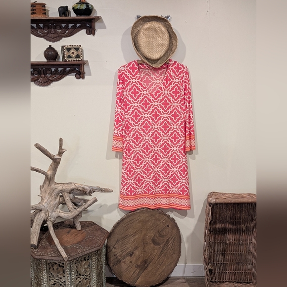 Womens Dress-CHARLIE PAIGE-white/pink/orange patterned stretch knit 3/4 sleeves. - Picture 1 of 8